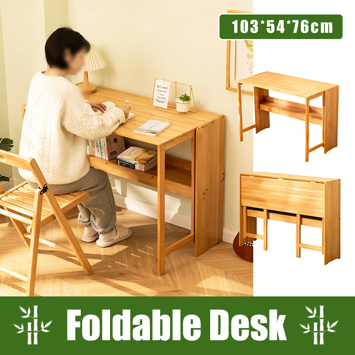 Foldable Bamboo Student Desk with Bottom Shelf