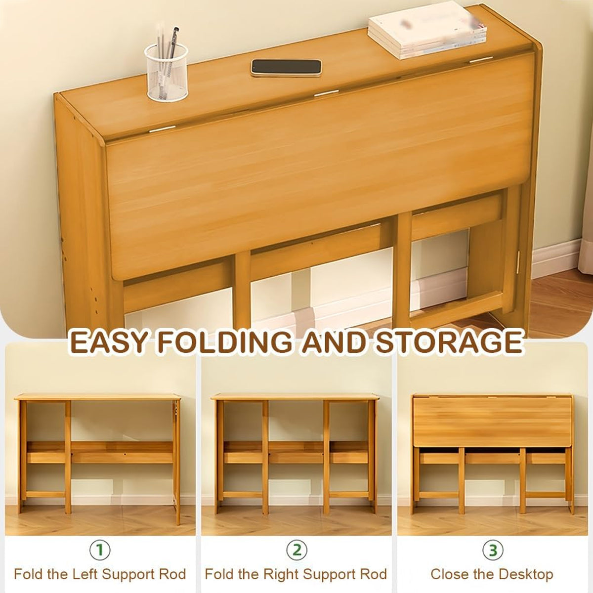 Foldable Bamboo Student Desk with Bottom Shelf