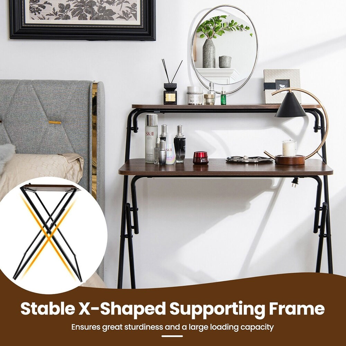 Double Layer Foldable Desk with Metal Frame Study