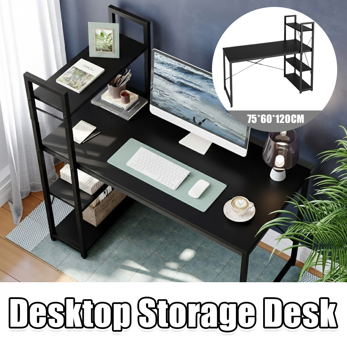 Minimalist Black Computer Desk with Vertical Shelves