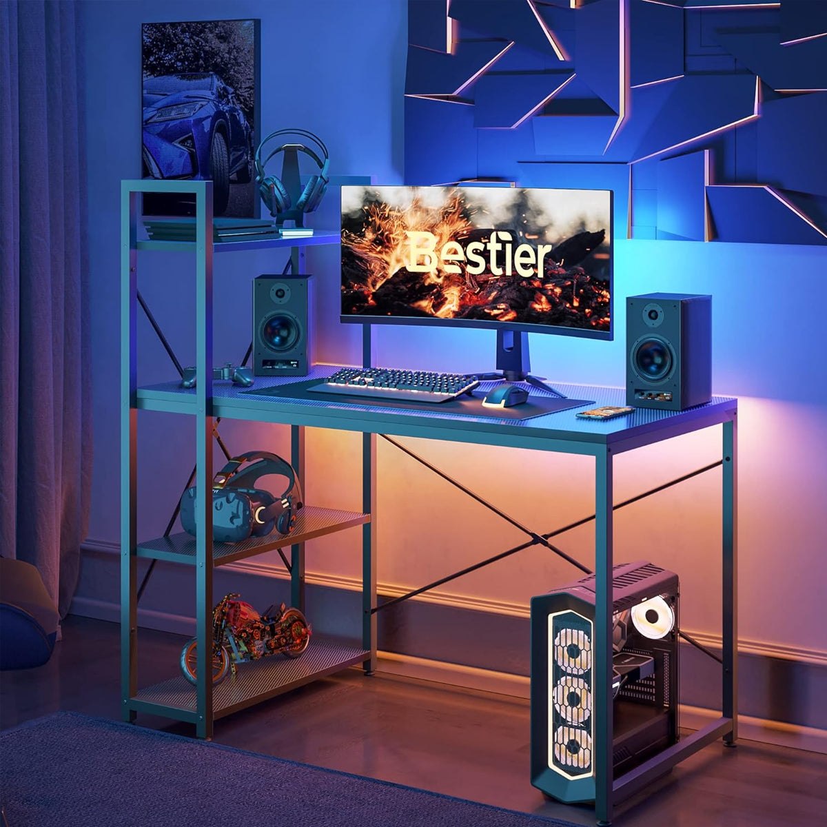 Minimalist Black Computer Desk with Vertical Shelves