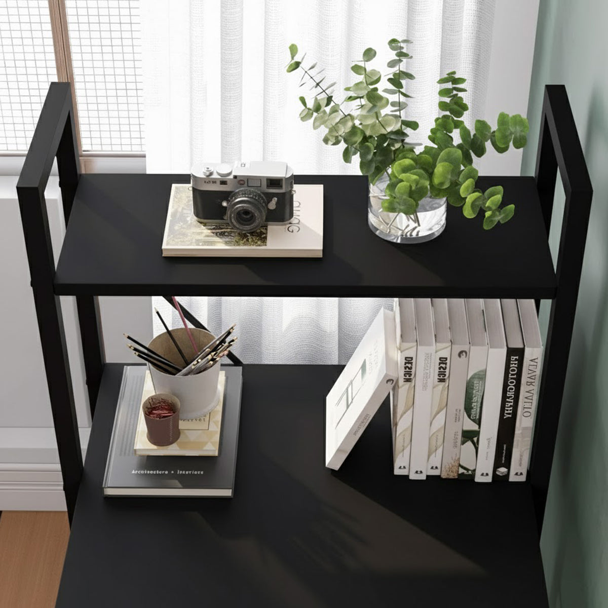 Minimalist Black Computer Desk with Vertical Shelves