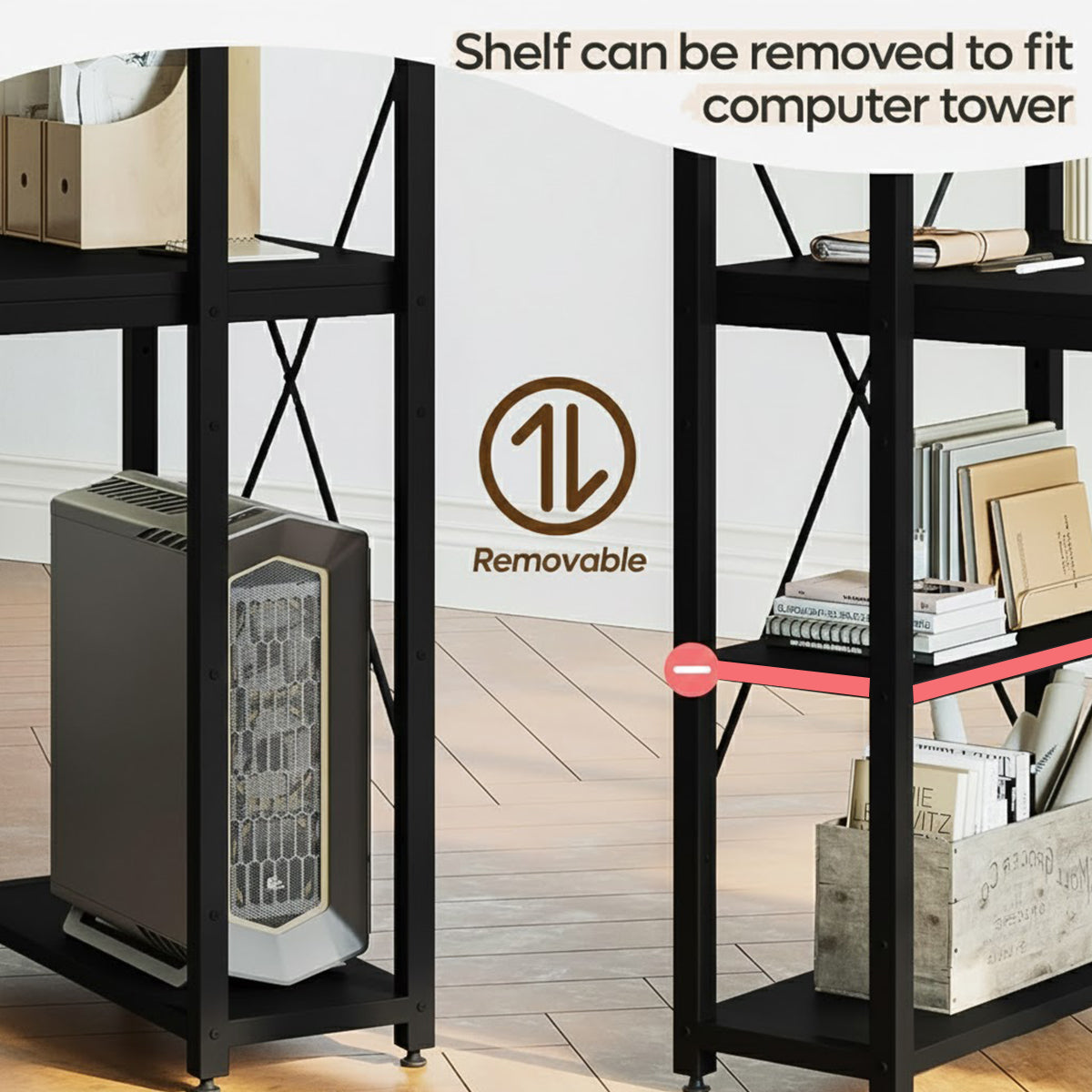 Minimalist Black Computer Desk with Vertical Shelves