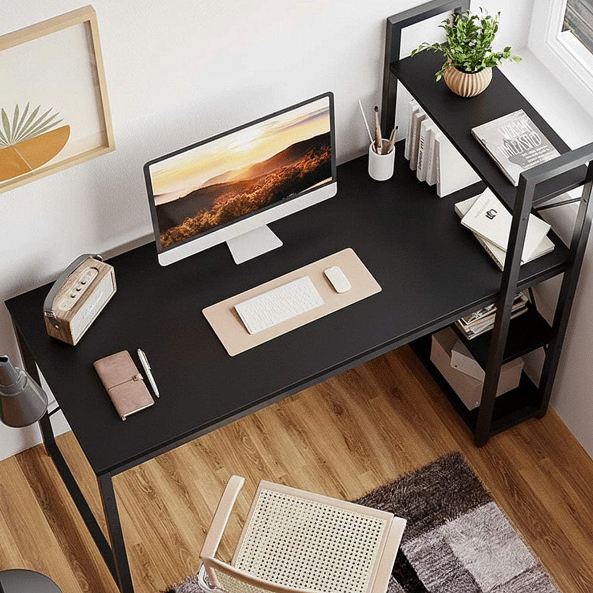 Minimalist Black Computer Desk with Vertical Shelves