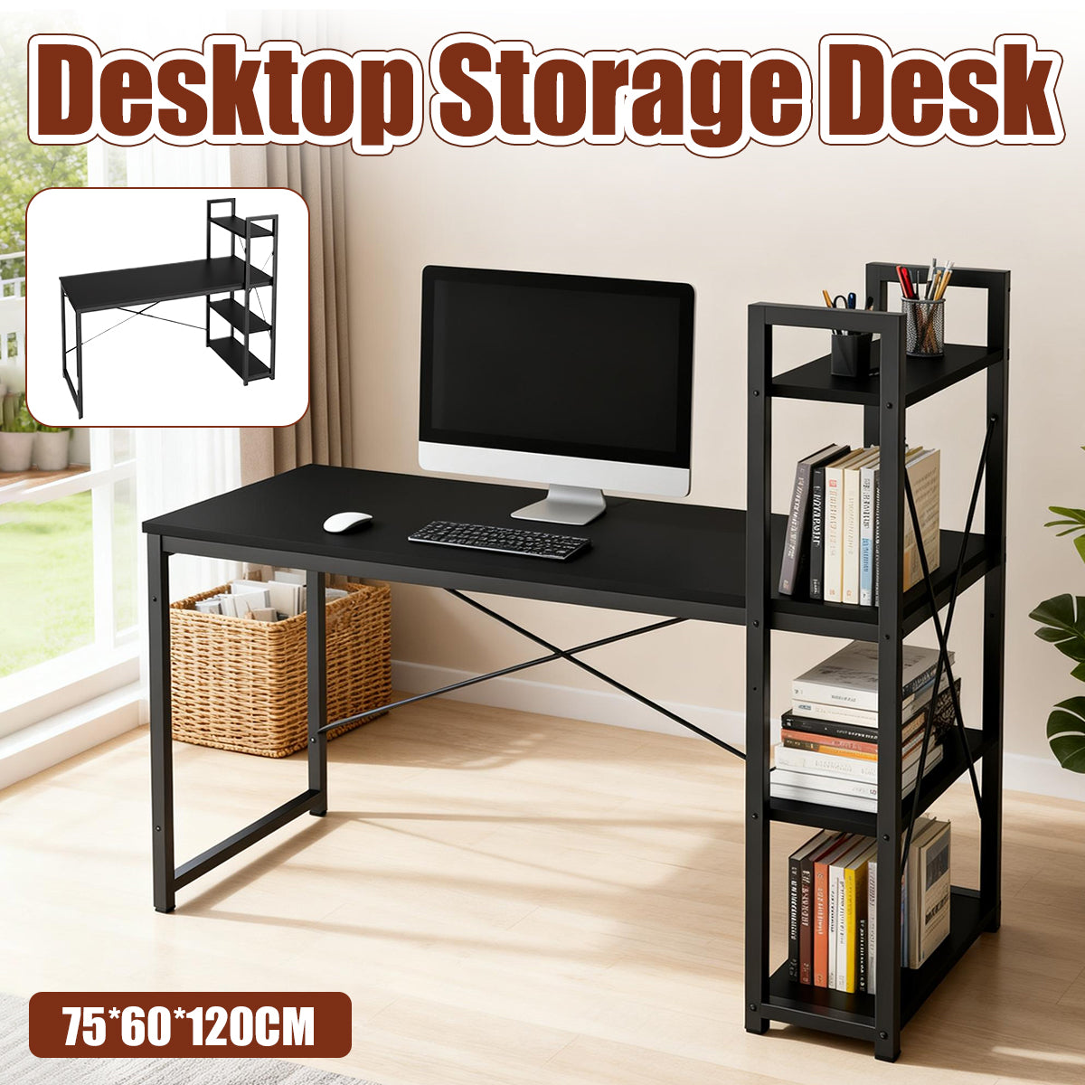Minimalist Black Computer Desk with Vertical Shelves
