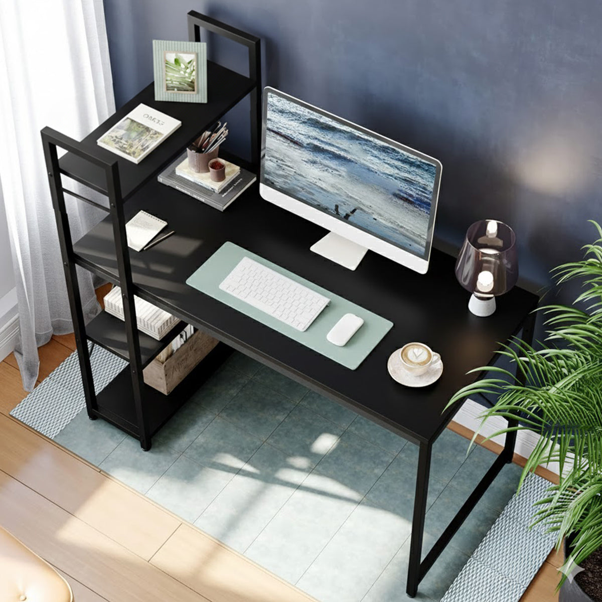 Minimalist Black Computer Desk with Vertical Shelves