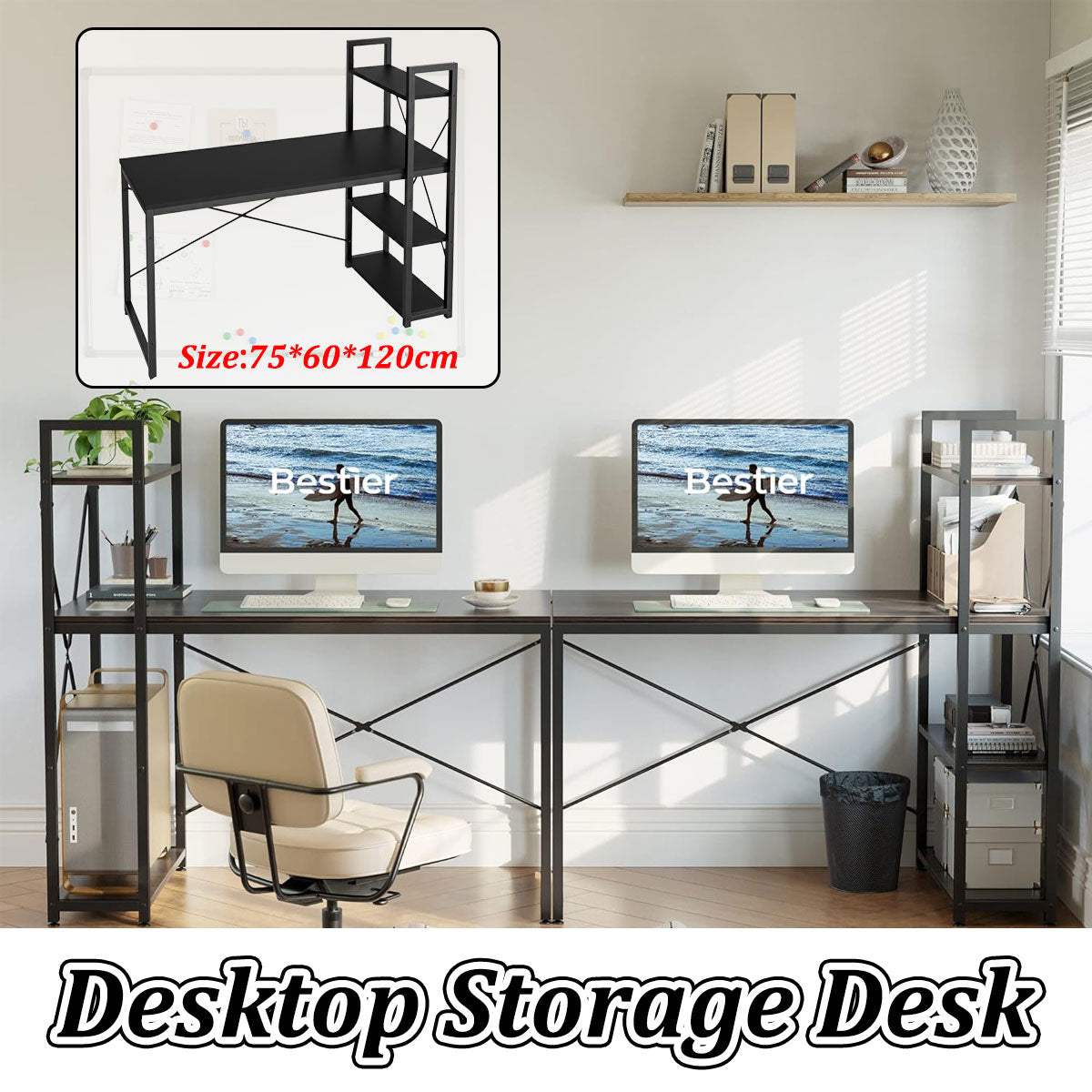 Minimalist Black Computer Desk with Vertical Shelves