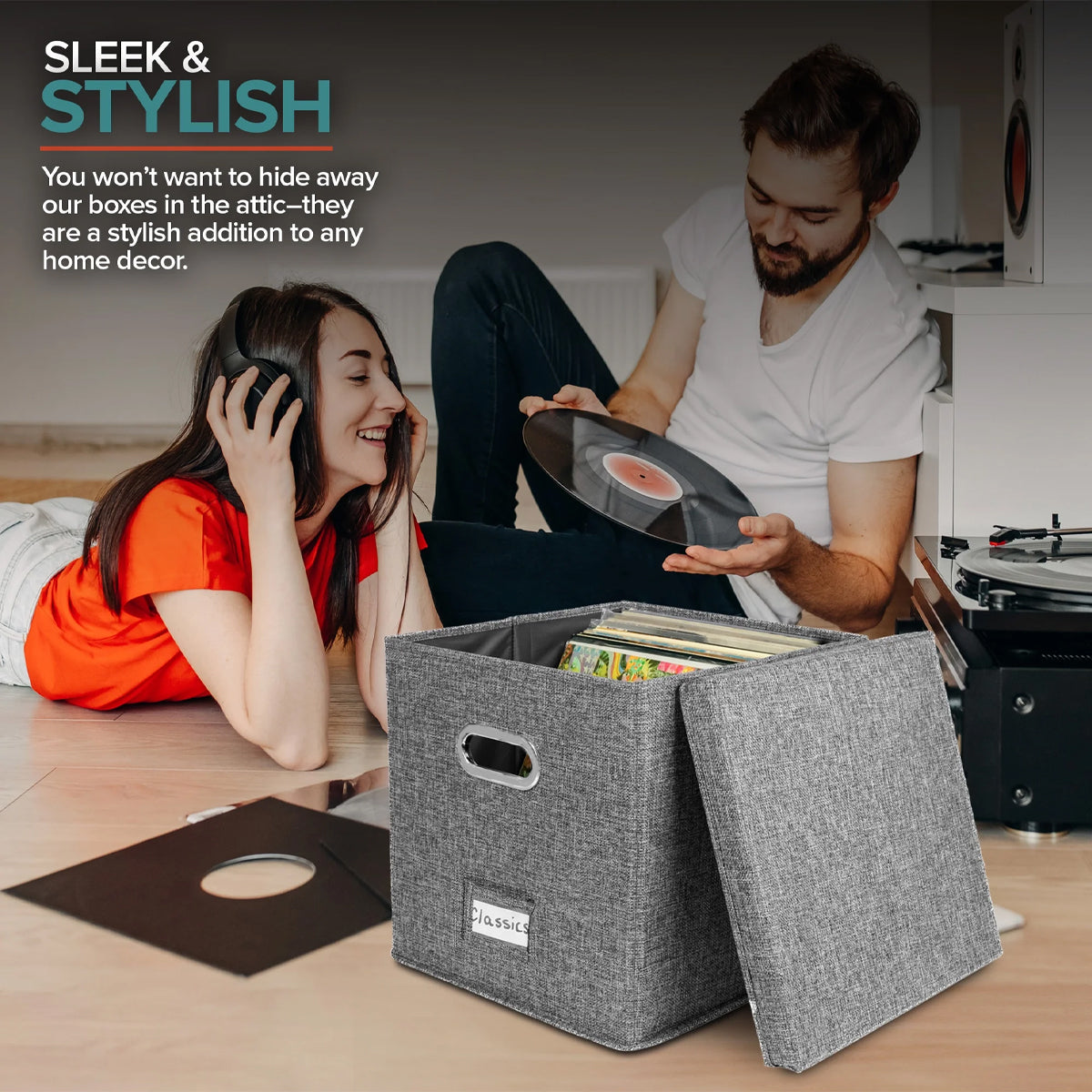 Linen Fabric Vinyl Record Storage Box with Lid