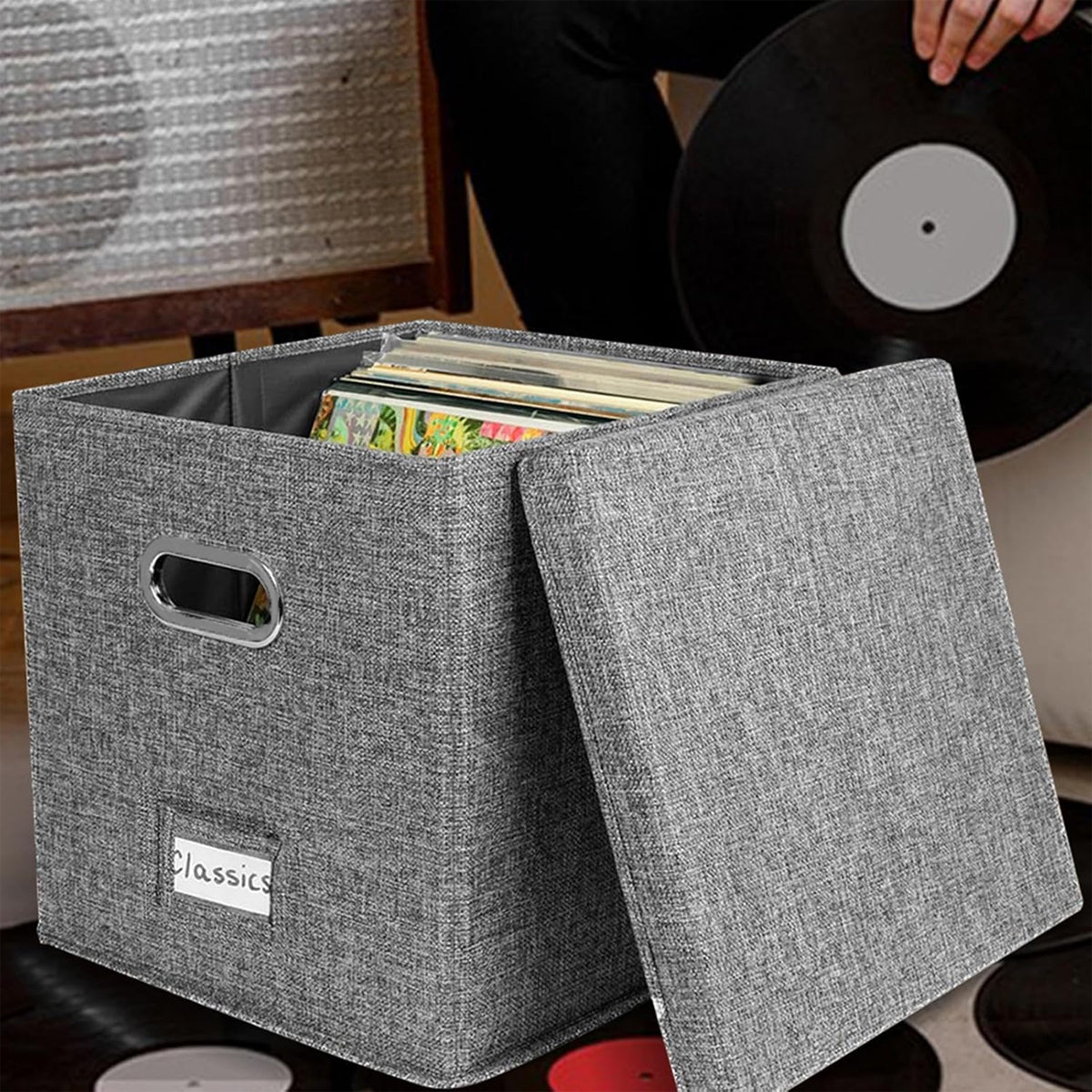 Linen Fabric Vinyl Record Storage Box with Lid