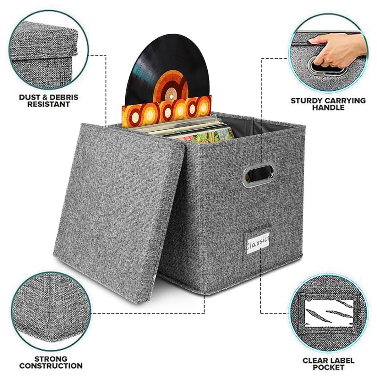 Linen Fabric Vinyl Record Storage Box with Lid