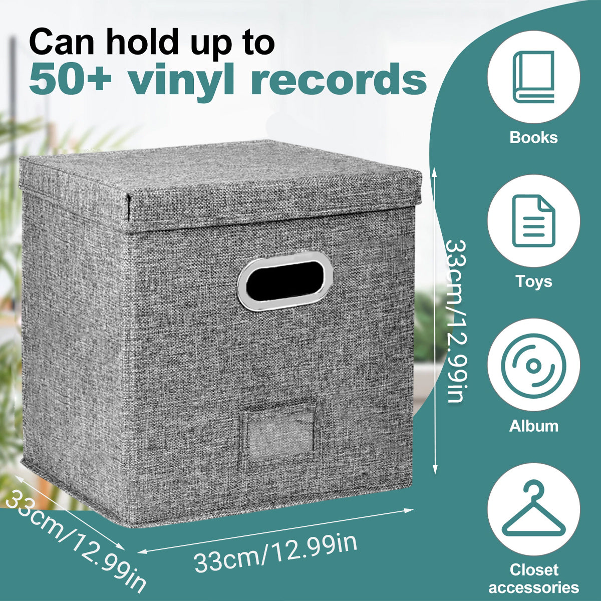 Linen Fabric Vinyl Record Storage Box with Lid