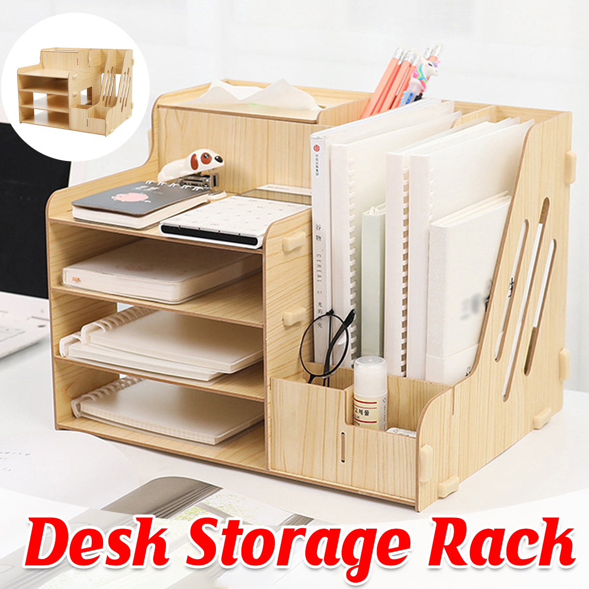 Wooden Desktop File Storage Organizer with Shelves