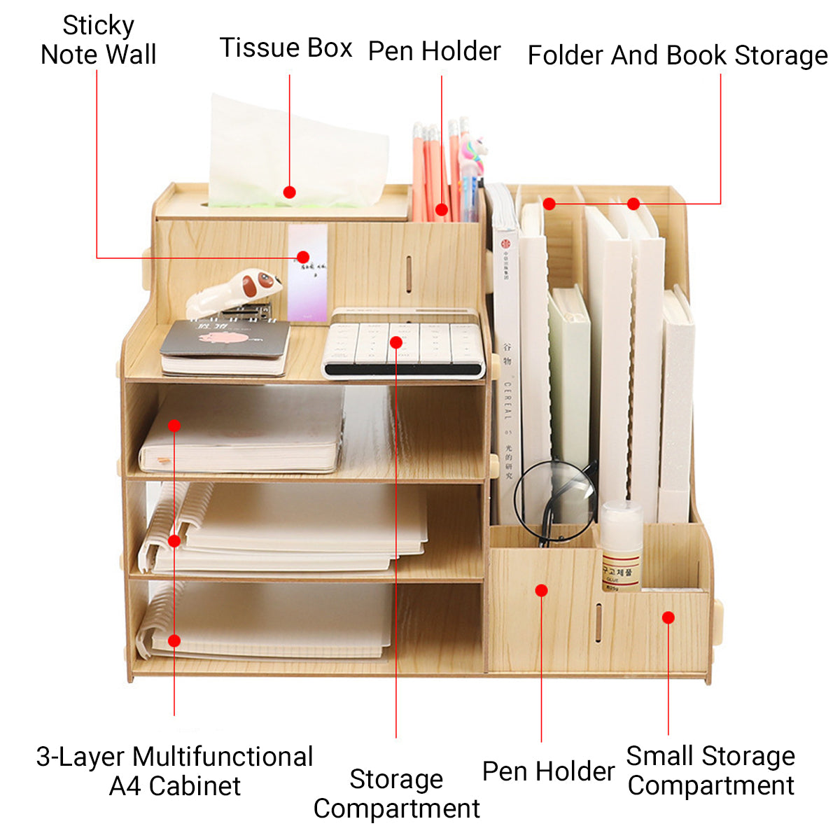 Wooden Desktop File Storage Organizer with Shelves