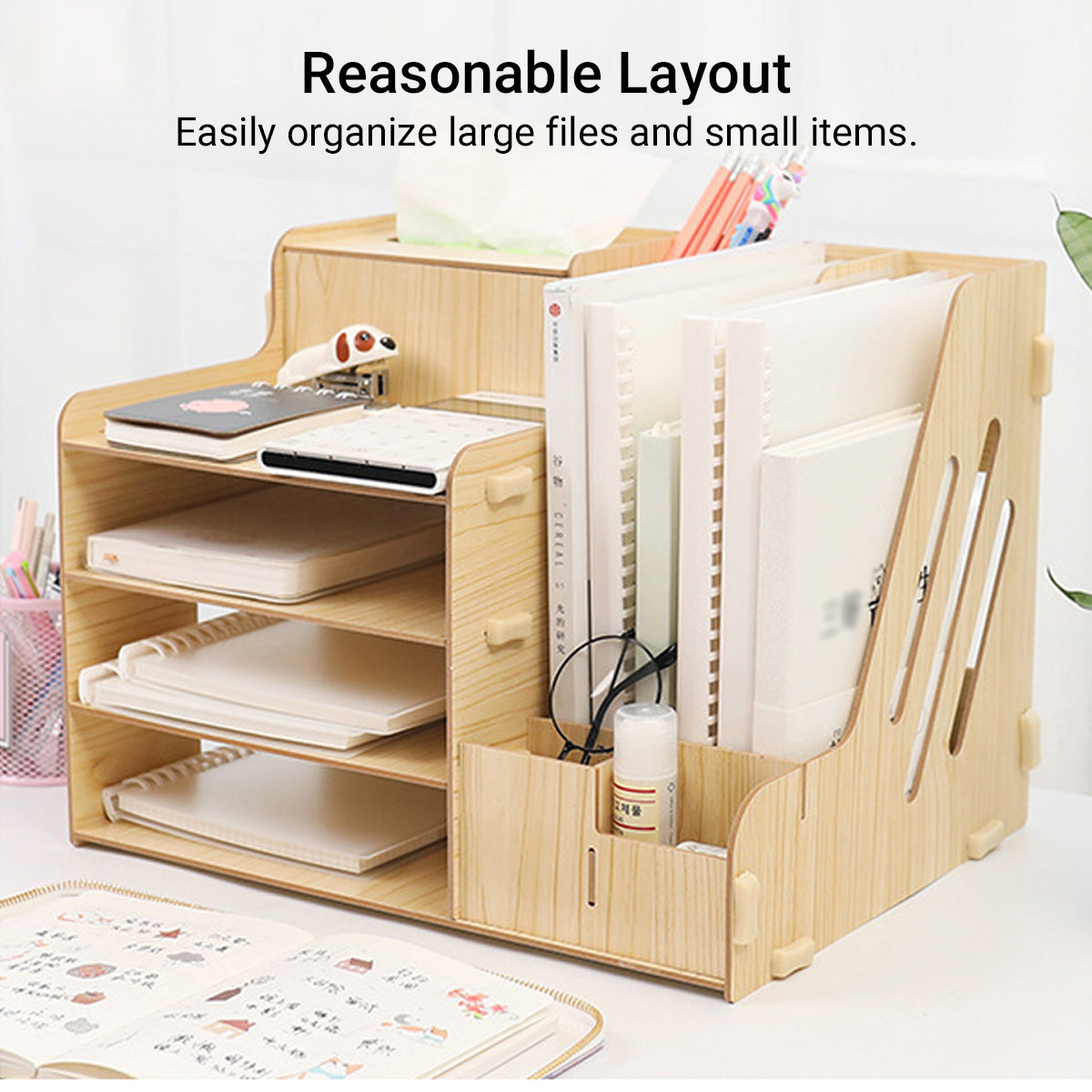 Wooden Desktop File Storage Organizer with Shelves