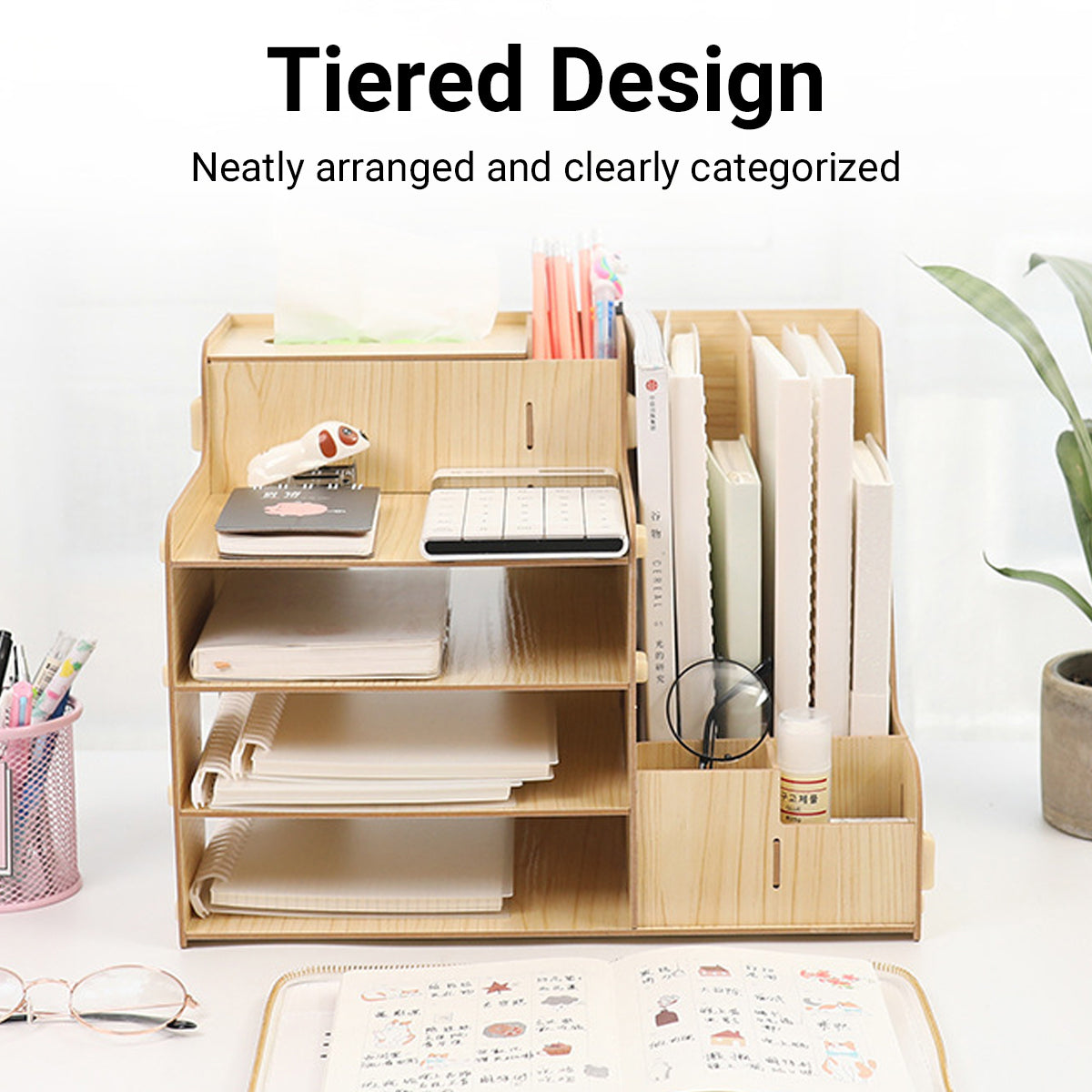 Wooden Desktop File Storage Organizer with Shelves