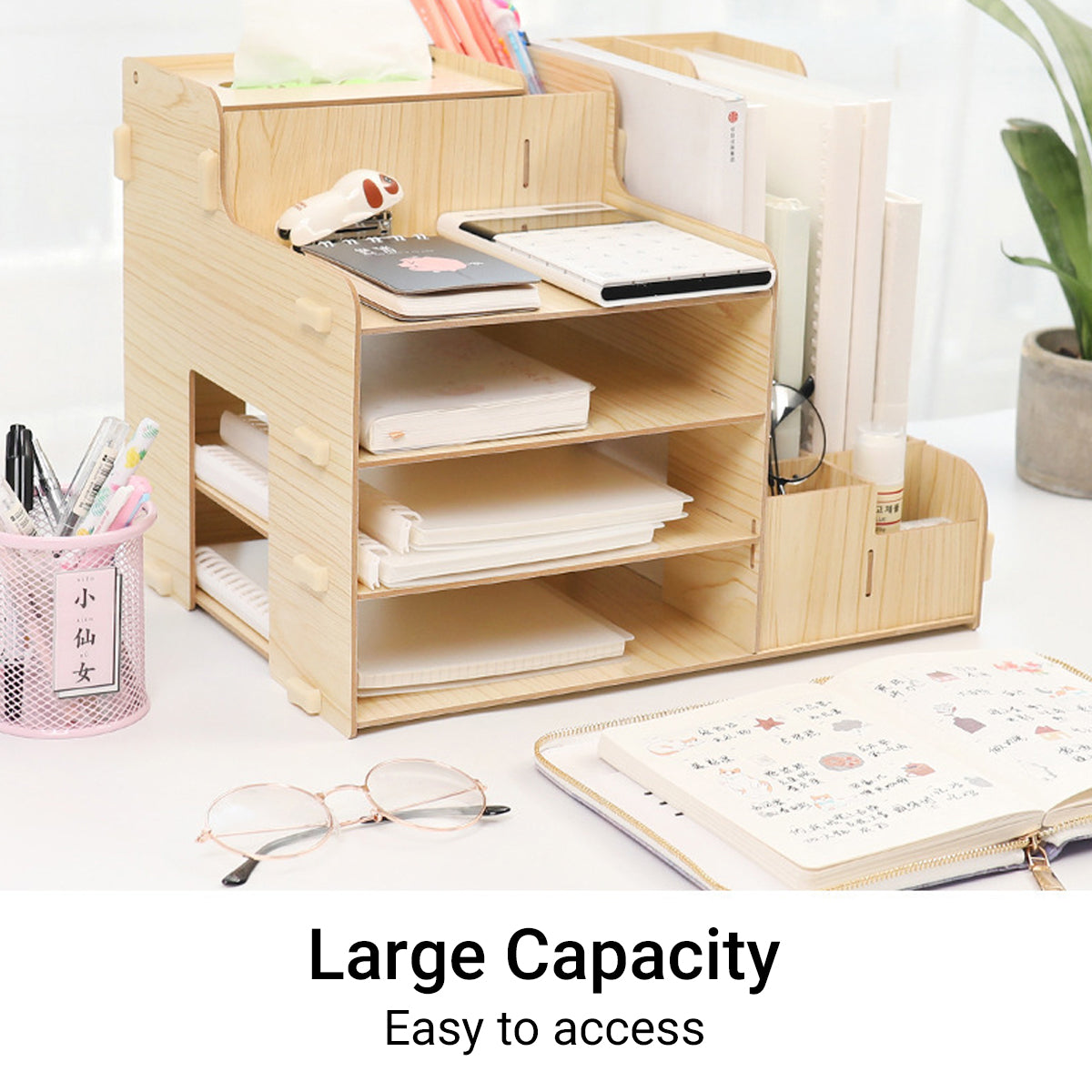 Wooden Desktop File Storage Organizer with Shelves