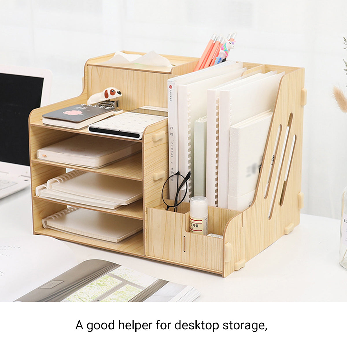 Wooden Desktop File Storage Organizer with Shelves