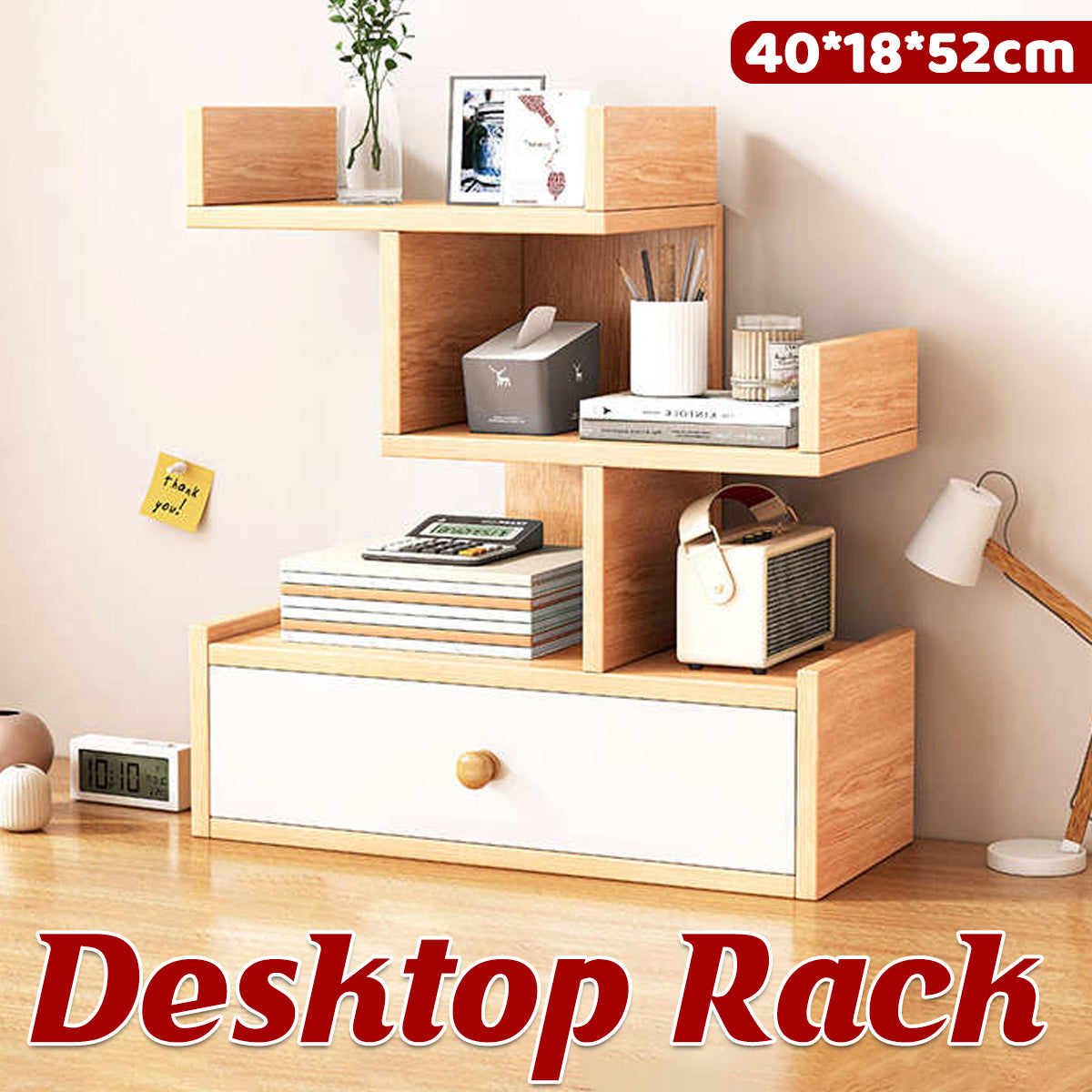 Multi Layer Wooden Desktop Shelf with Drawers Home Office Sturdy
