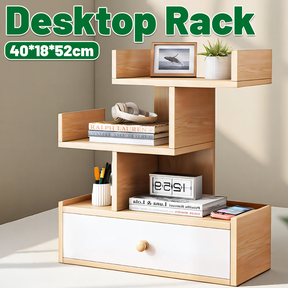 Multi Layer Wooden Desktop Shelf with Drawers Home Office Sturdy