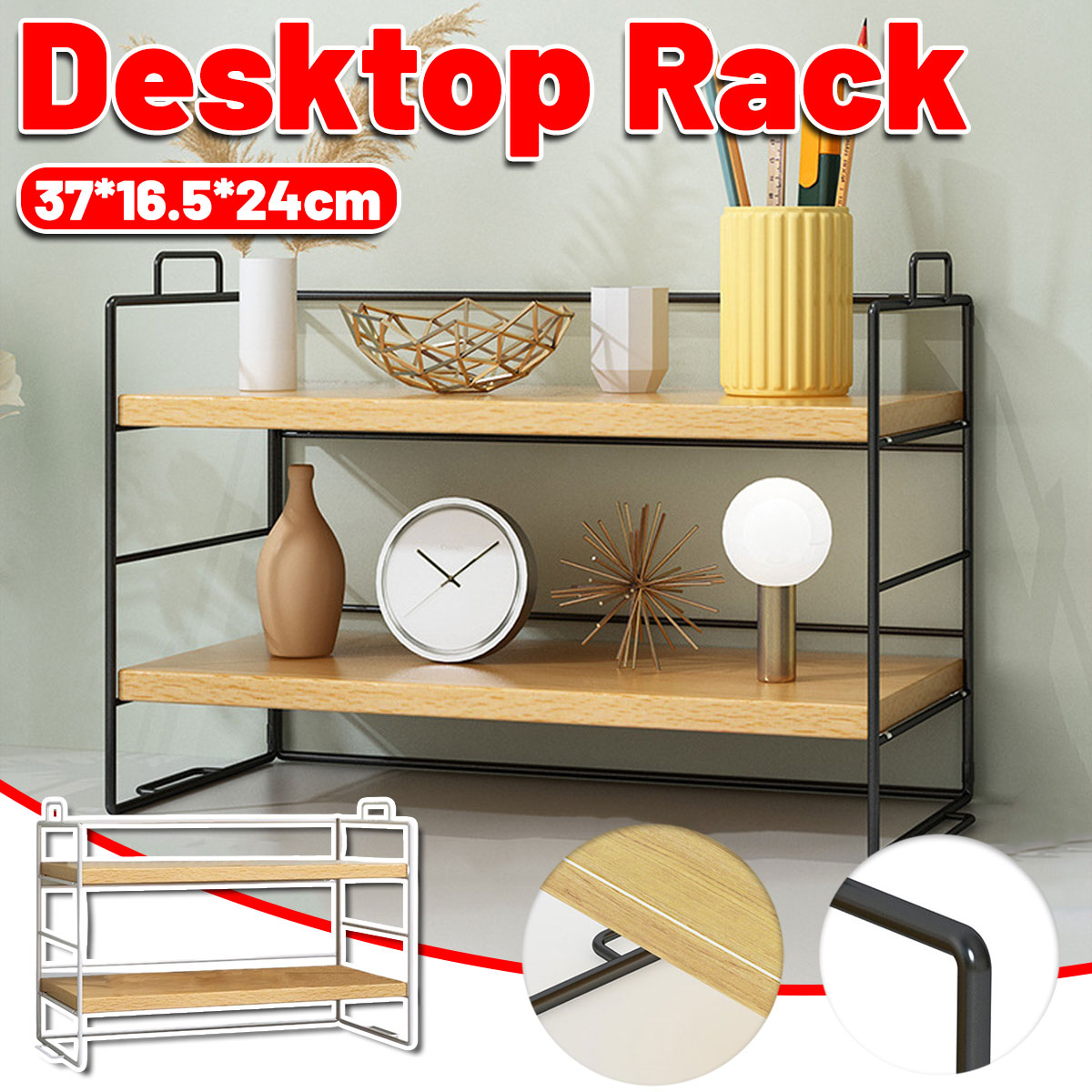 2-Tier Desktop Shelf Metal Frame and Wood Shelves