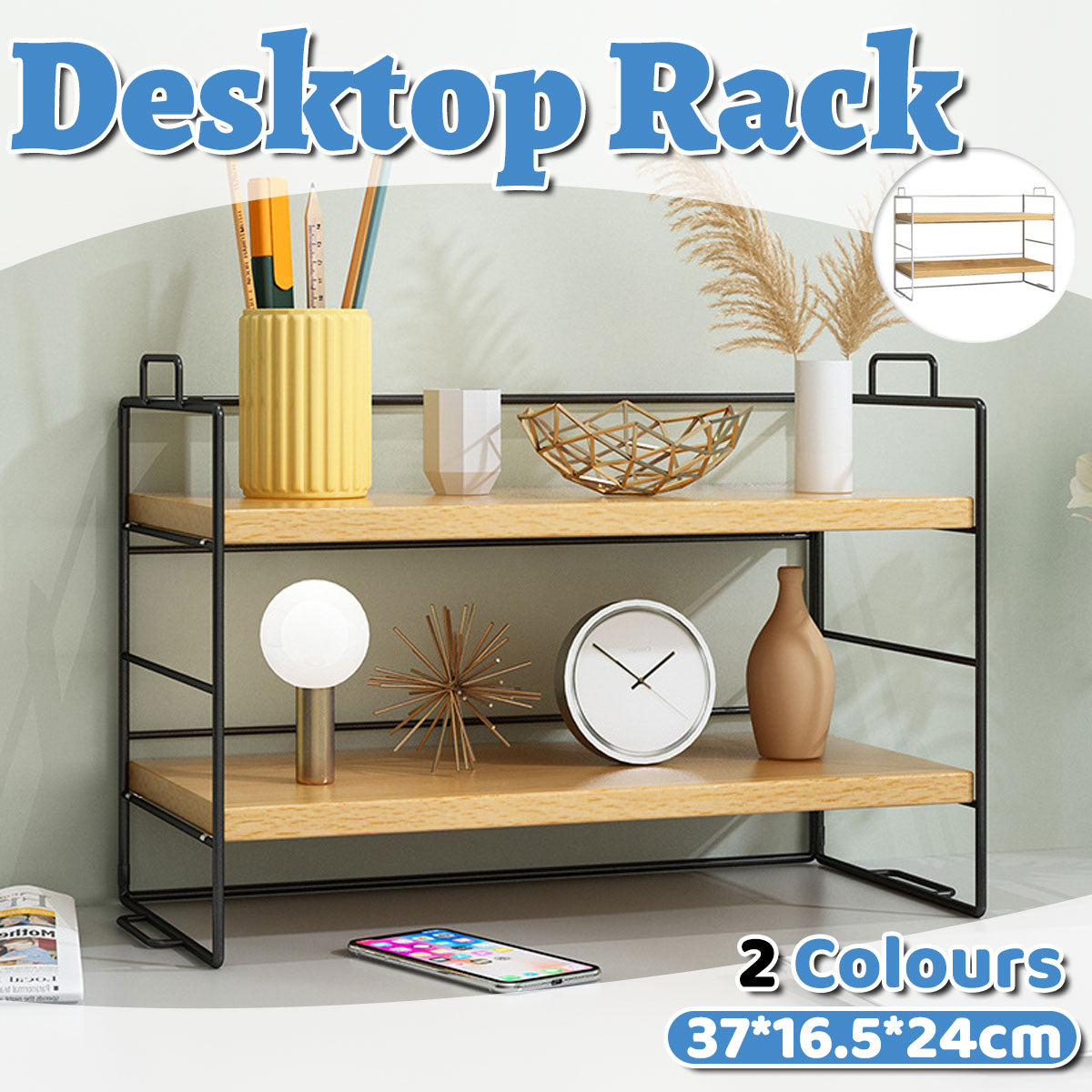 2-Tier Desktop Shelf Metal Frame and Wood Shelves
