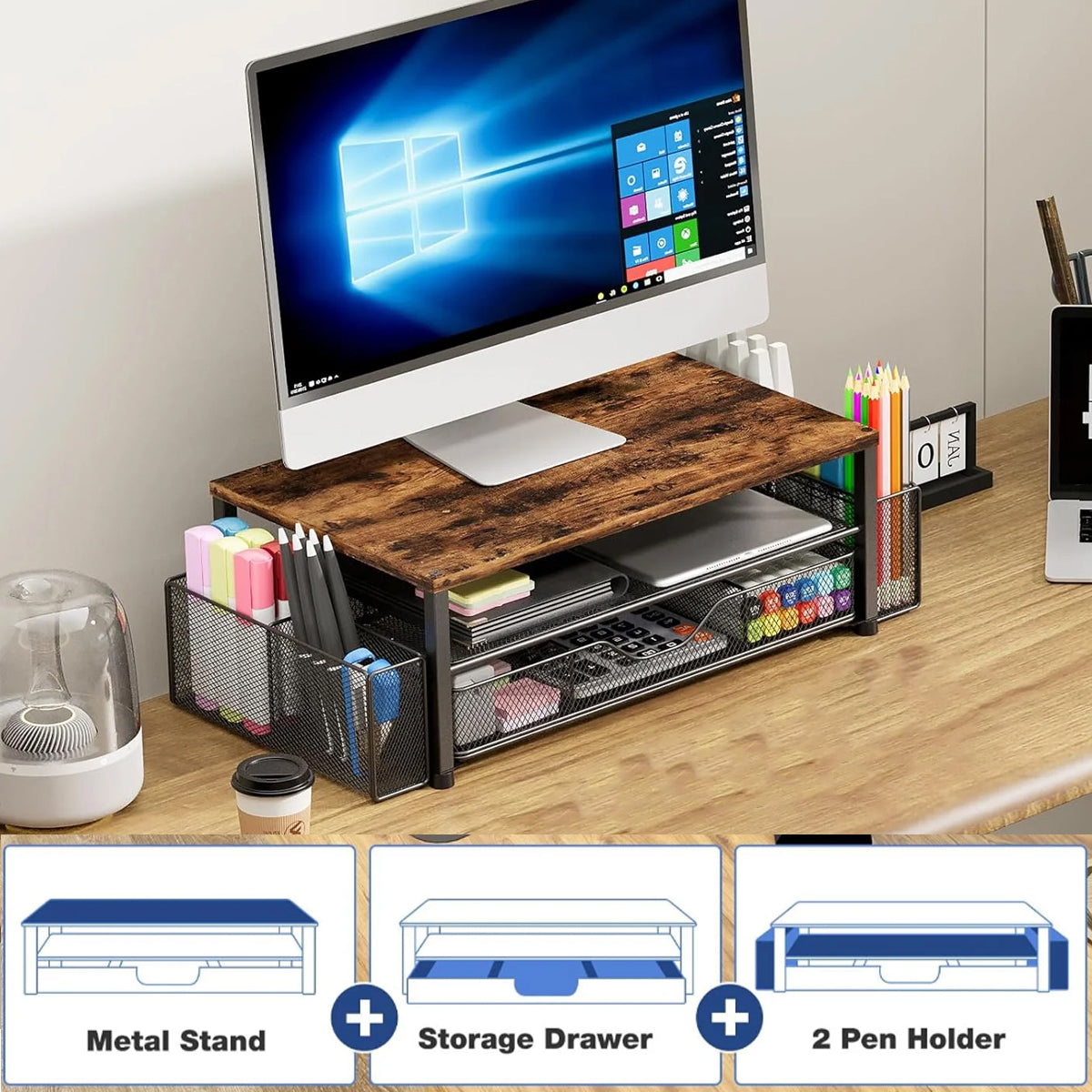 Monitor Stand Riser with Drawer Storage Baskets