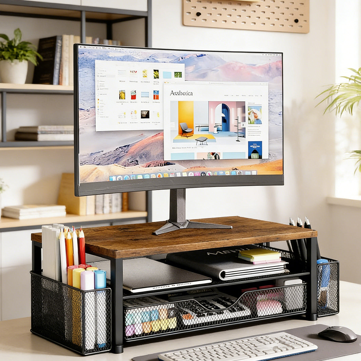 Monitor Stand Riser with Drawer Storage Baskets