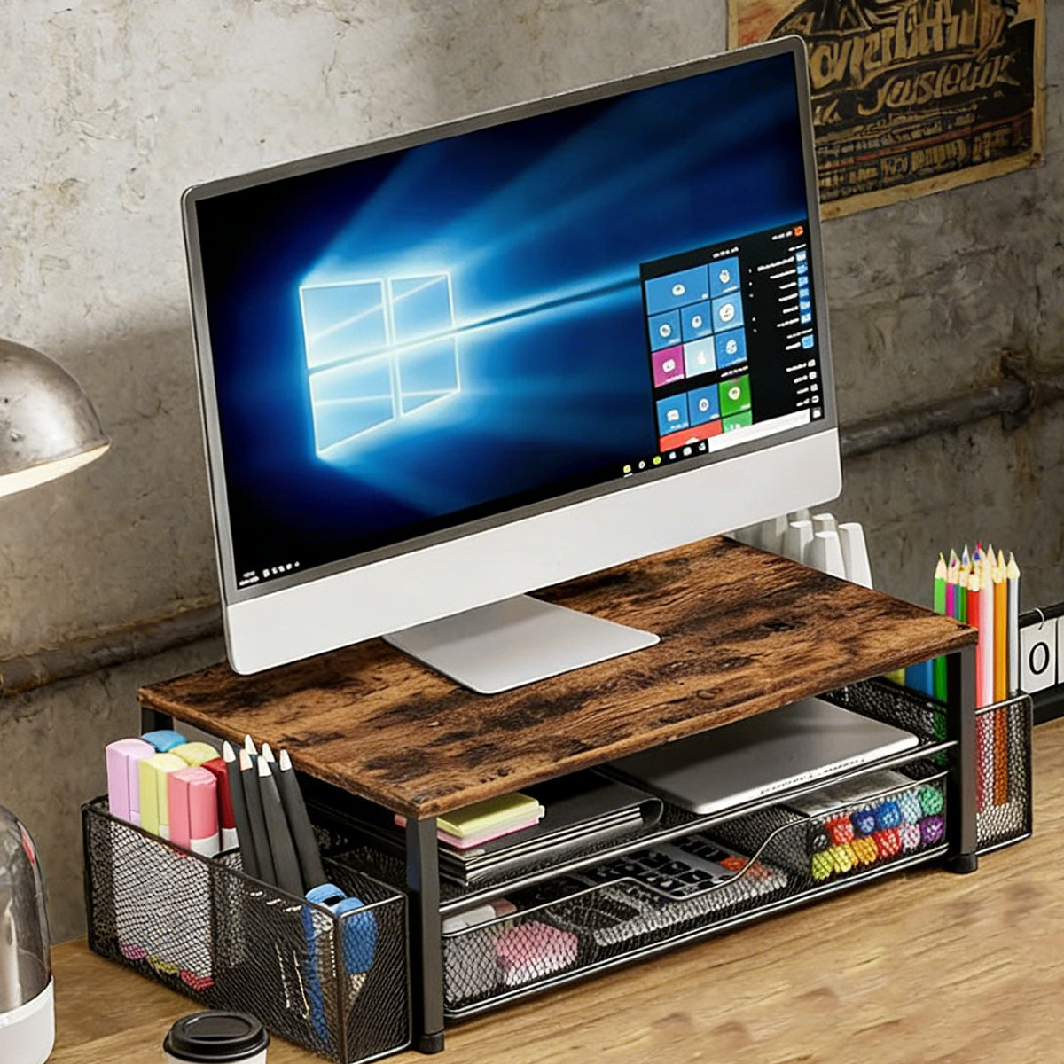 Monitor Stand Riser with Drawer Storage Baskets