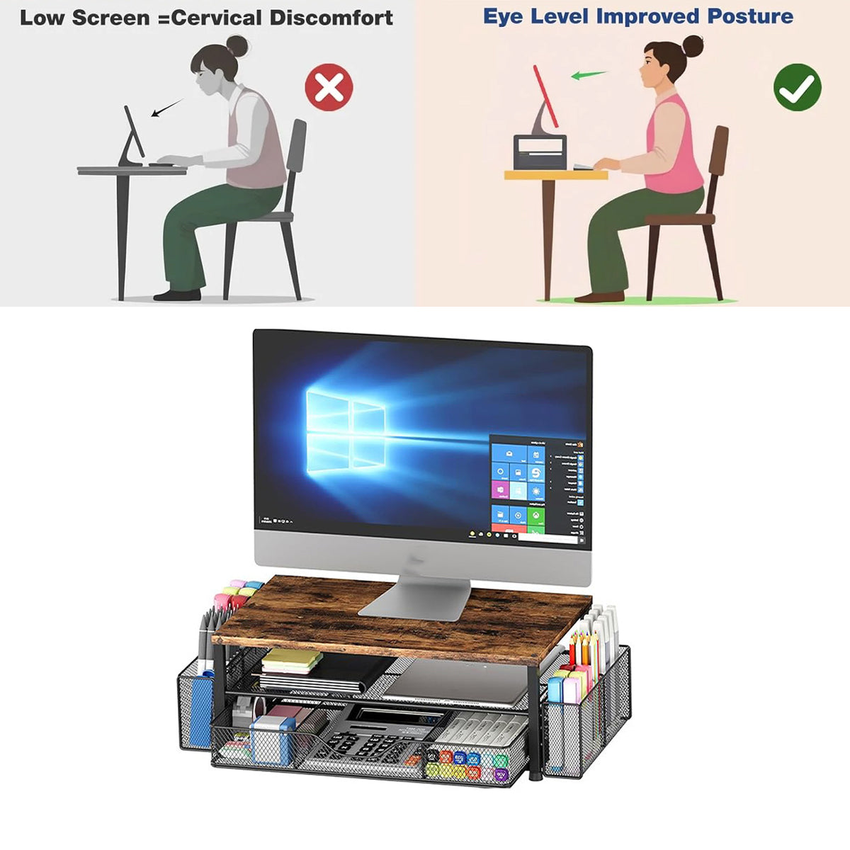 Monitor Stand Riser with Drawer Storage Baskets