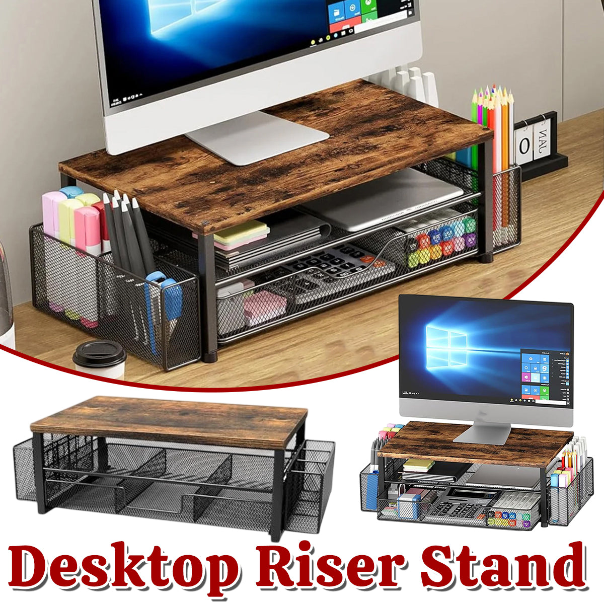 Monitor Stand Riser with Drawer Storage Baskets
