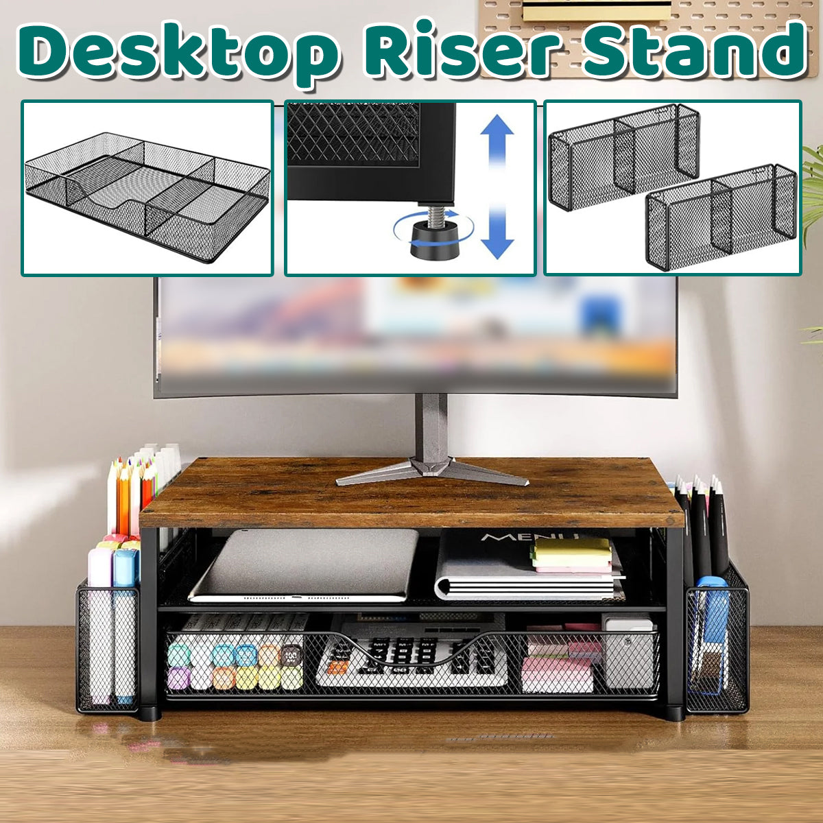 Monitor Stand Riser with Drawer Storage Baskets
