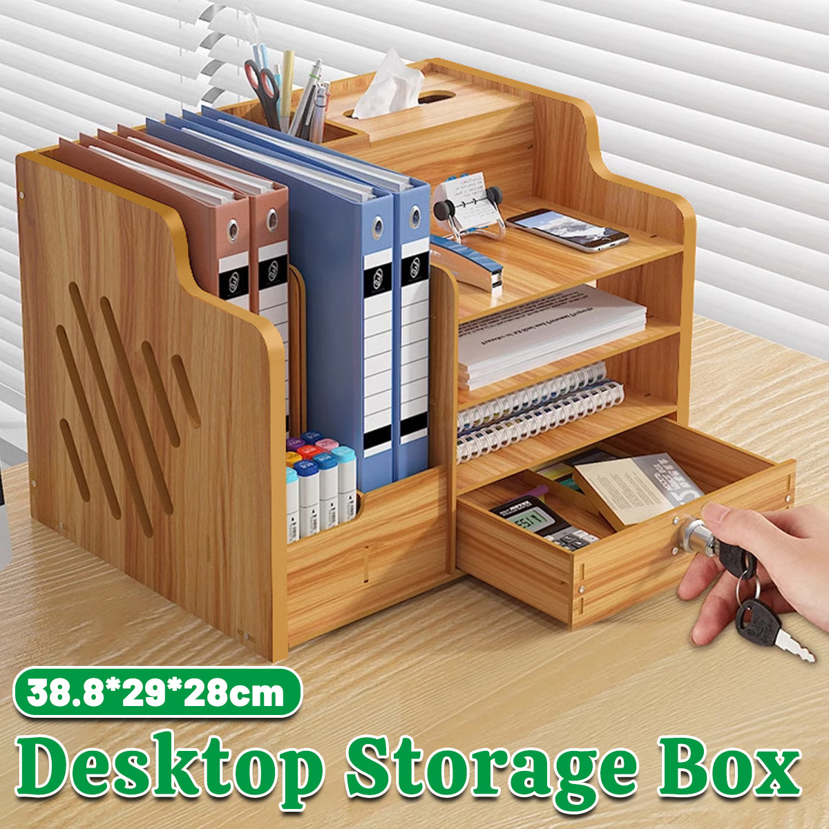 Desktop Storage Box Desk Organizer with Lock 38.8×29×28cm Wood