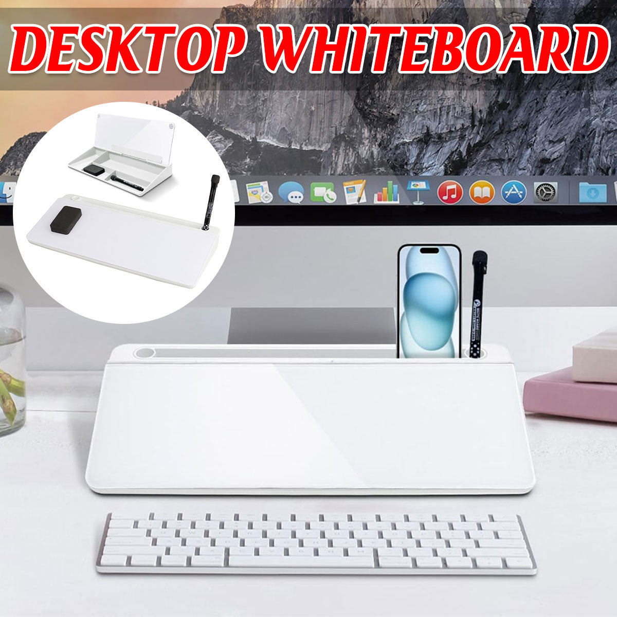 Desktop Tempered Glass Whiteboard with Storage and Device Stand