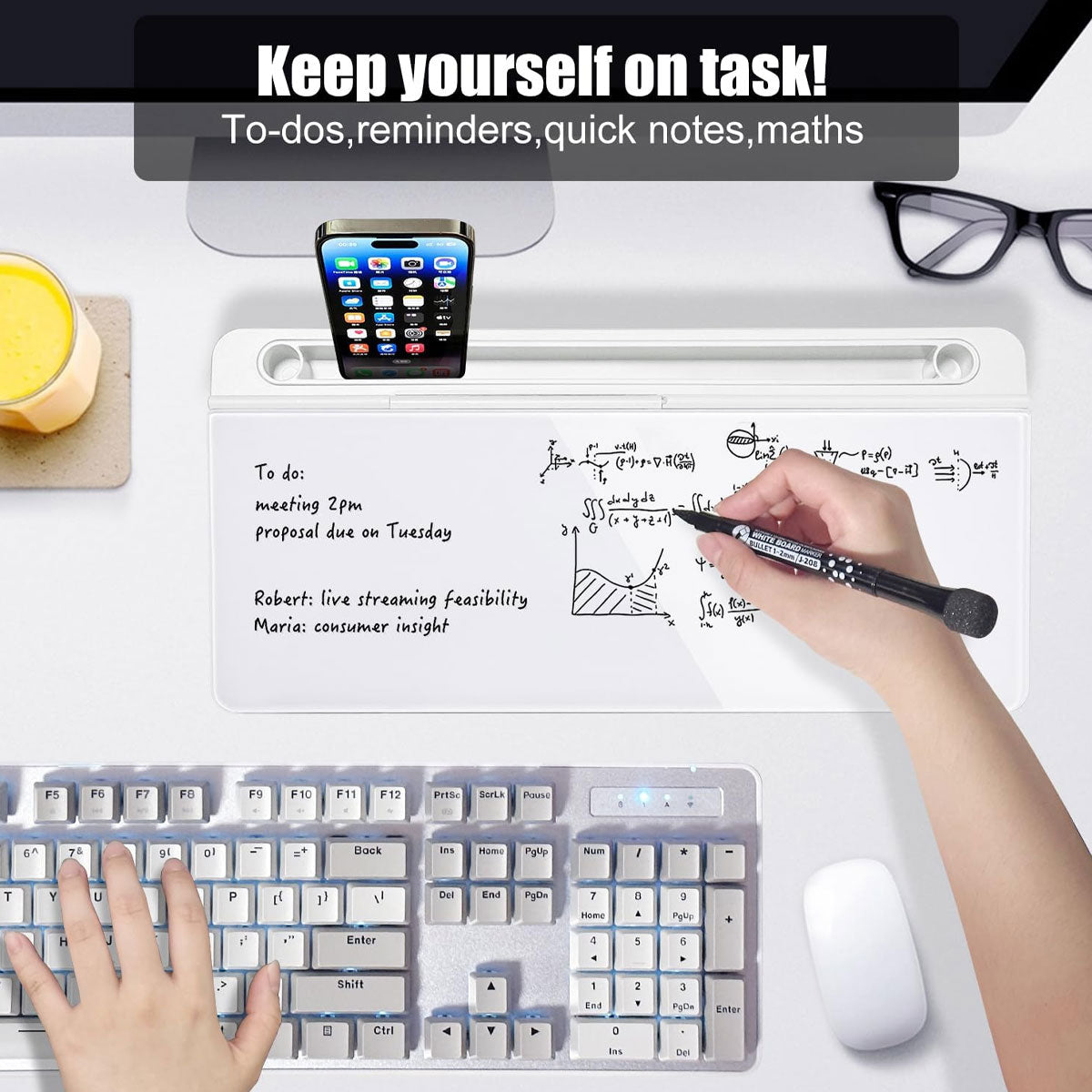 Desktop Tempered Glass Whiteboard with Storage and Device Stand
