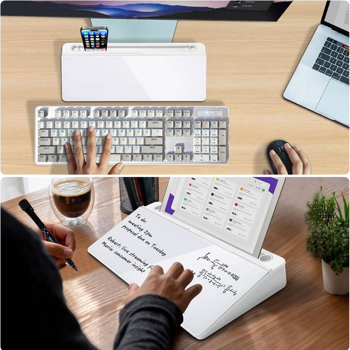 Desktop Tempered Glass Whiteboard with Storage and Device Stand
