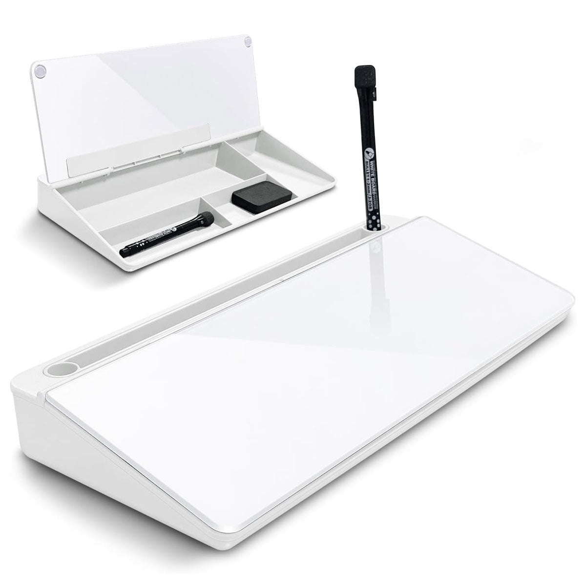 Desktop Tempered Glass Whiteboard with Storage and Device Stand