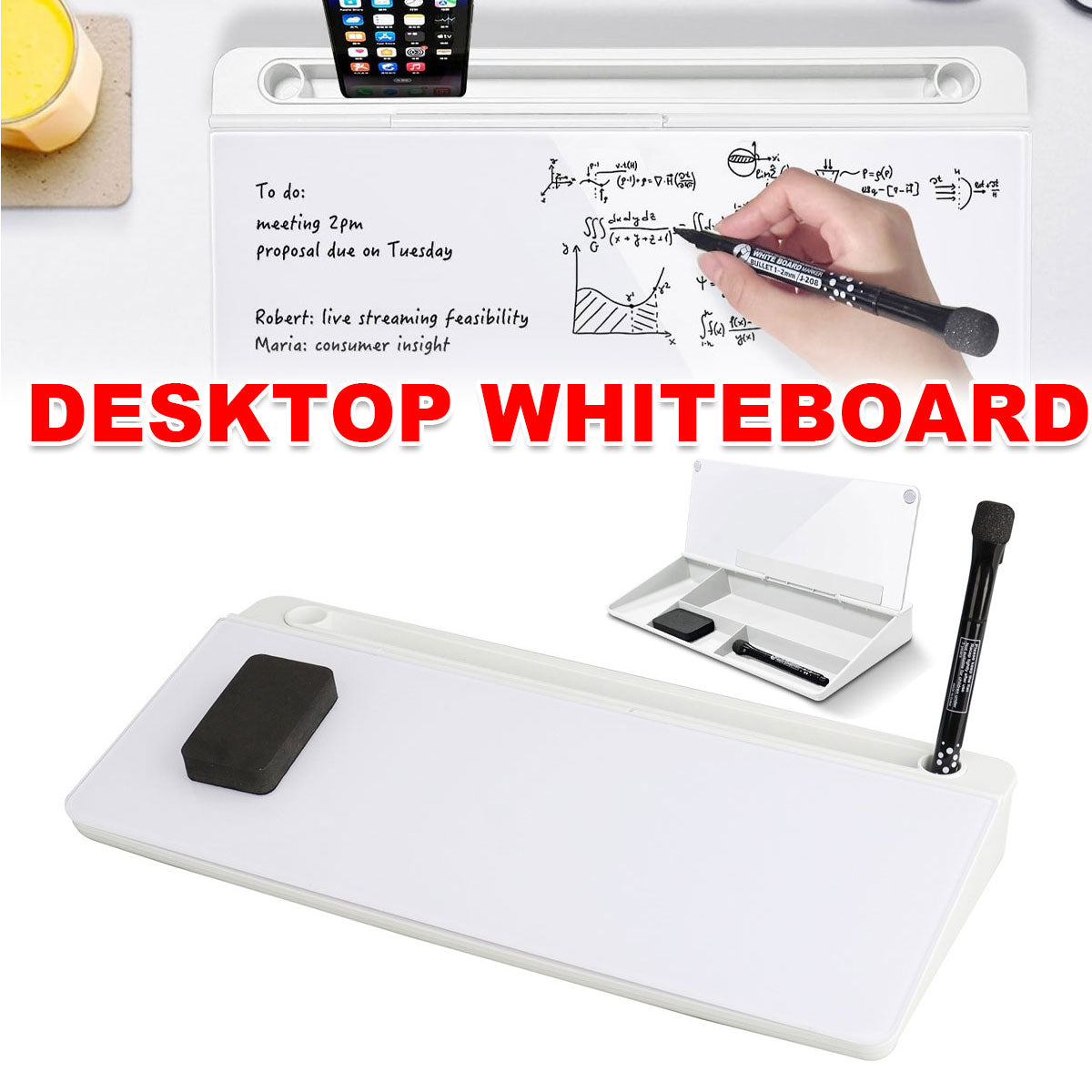 Desktop Tempered Glass Whiteboard with Storage and Device Stand