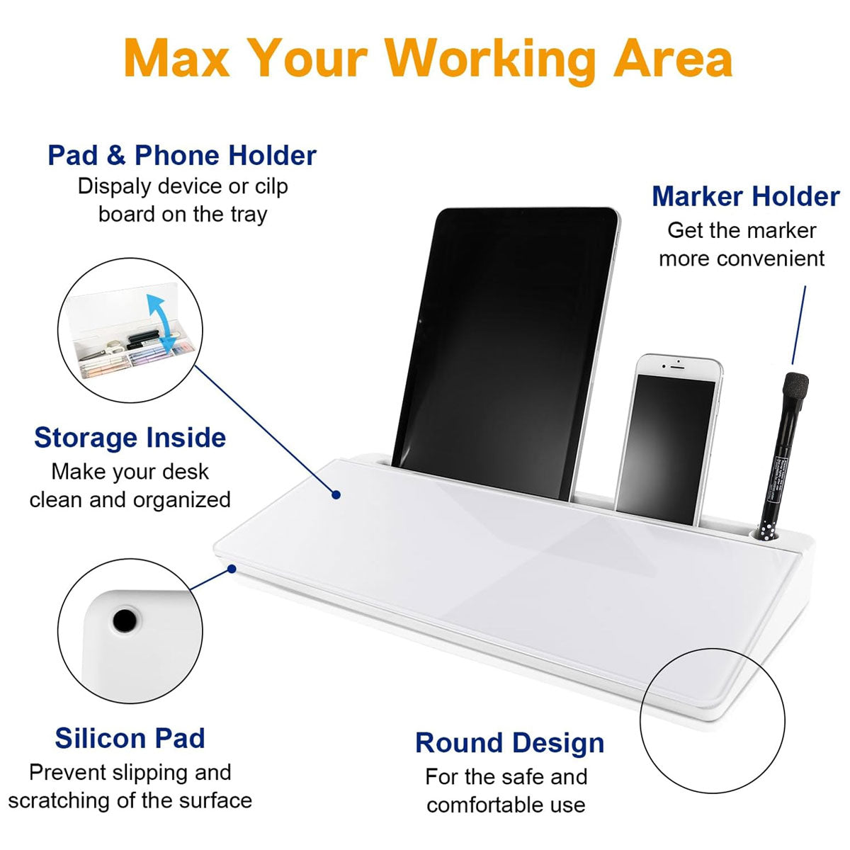 Desktop Tempered Glass Whiteboard with Storage and Device Stand