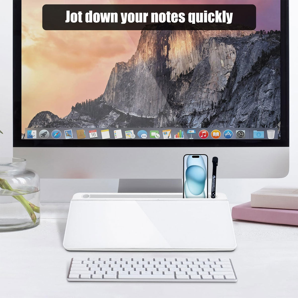 Desktop Tempered Glass Whiteboard with Storage and Device Stand