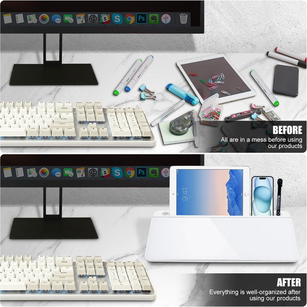 Desktop Tempered Glass Whiteboard with Storage and Device Stand