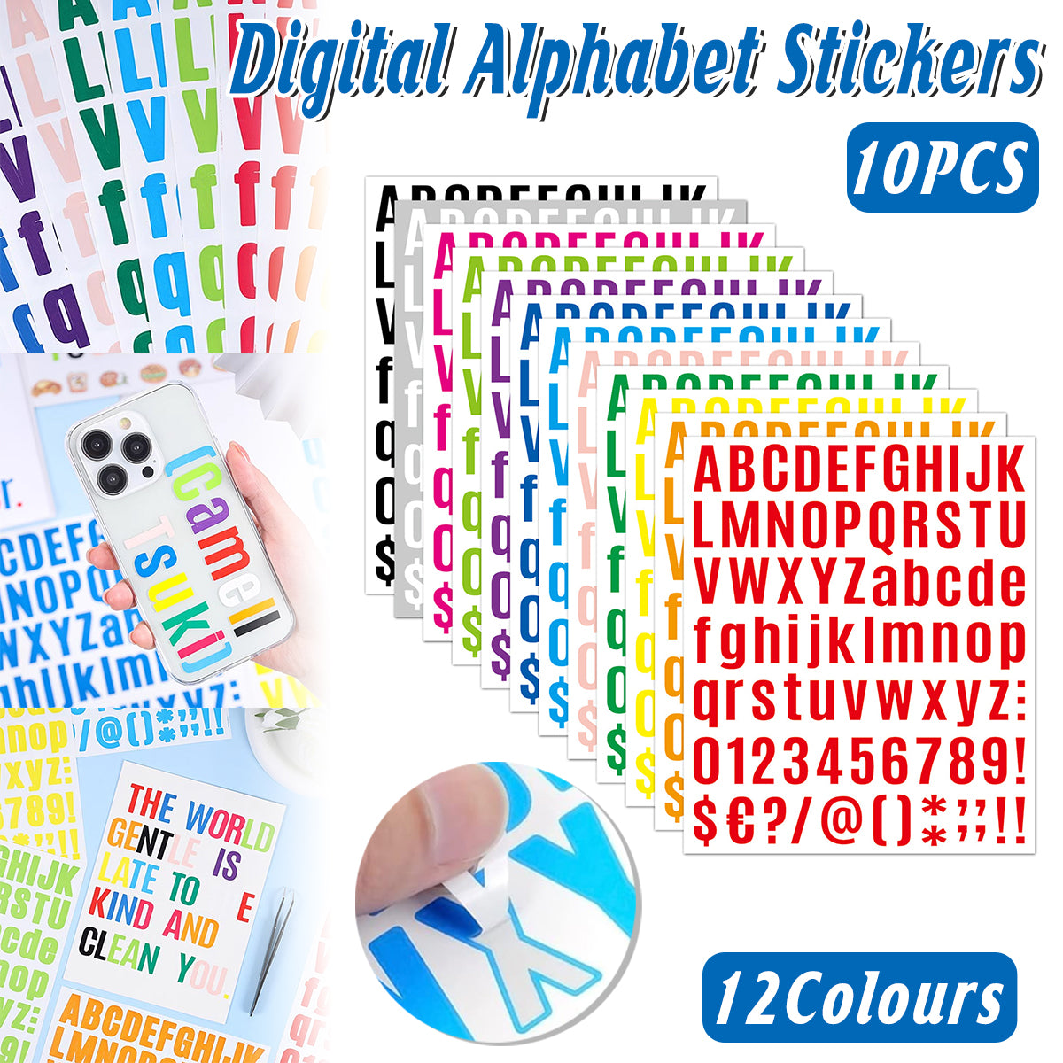 10 Sheets Alphanumeric Vinyl Stickers Colourful Water-Resistant