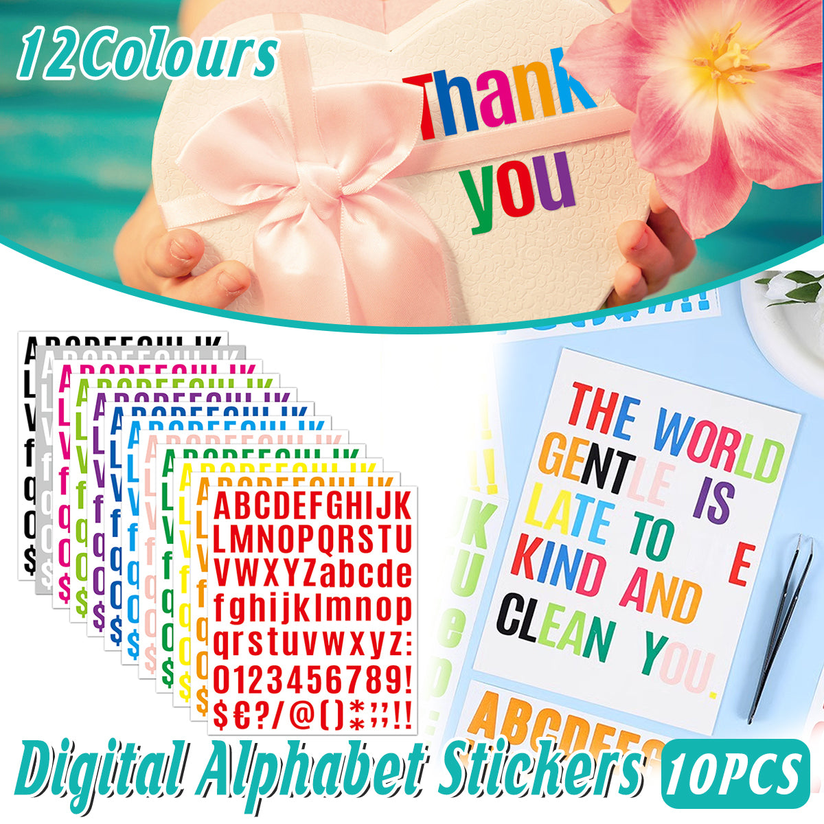 10 Sheets Alphanumeric Vinyl Stickers Colourful Water-Resistant