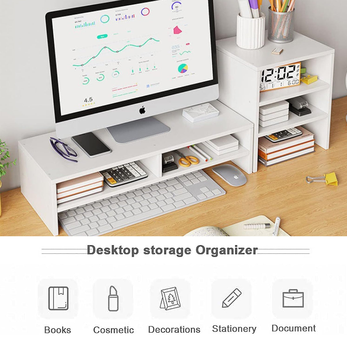Monitor Riser Stand with Storage in Two Sizes White