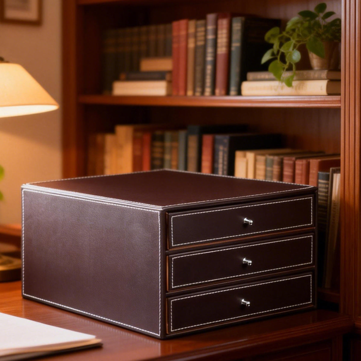 3-Drawer Leather Desk Organiser for A4 Files