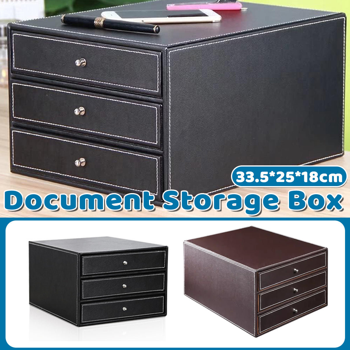 3-Drawer Leather Desk Organiser for A4 Files