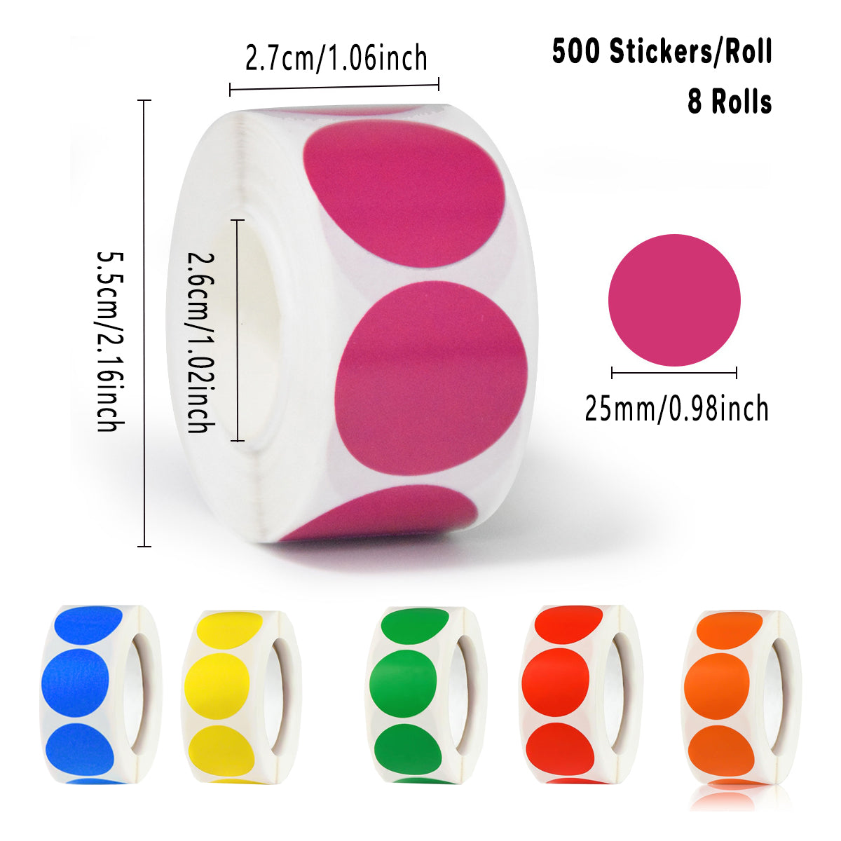 8 Rolls Coloured Polka Dot Round Labels Strong Adhesive Set