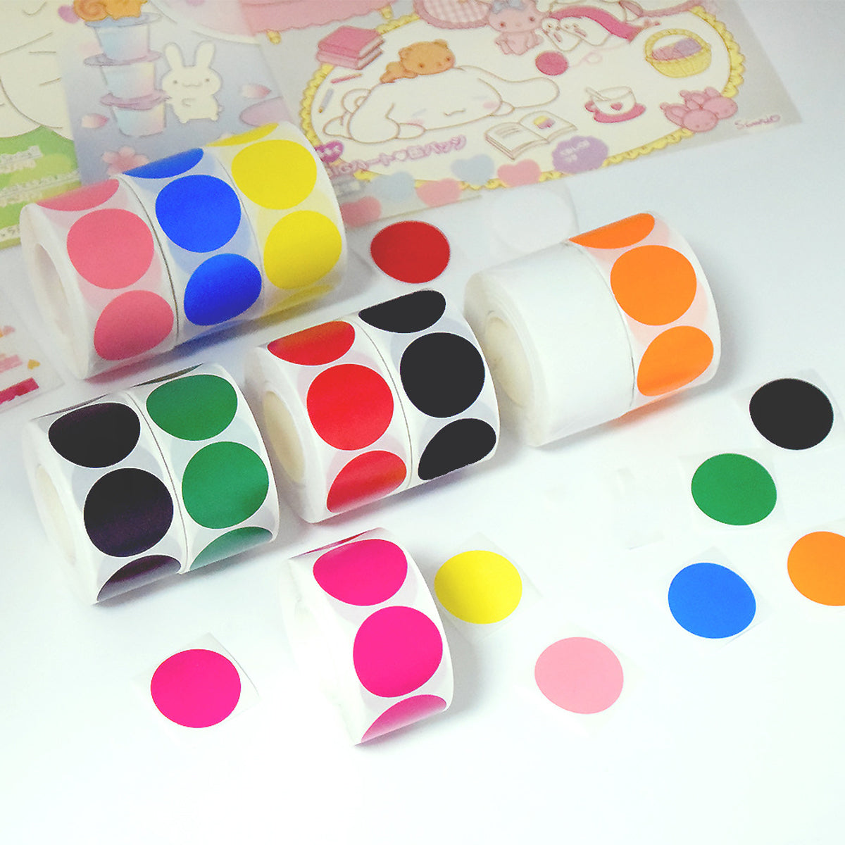 8 Rolls Coloured Polka Dot Round Labels Strong Adhesive Set