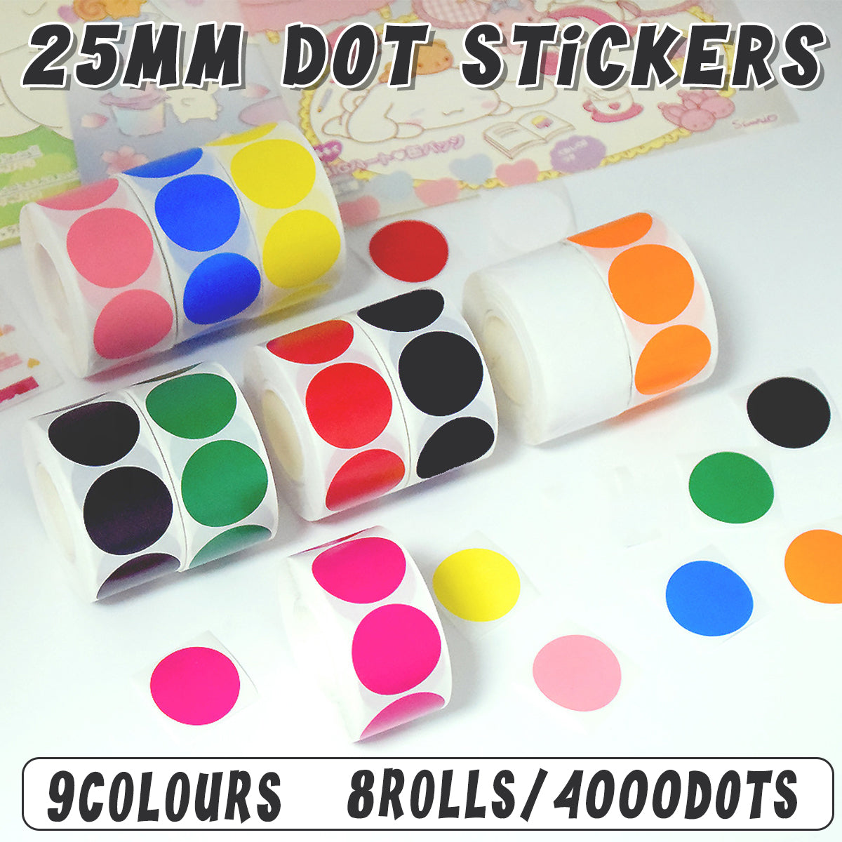 8 Rolls Coloured Polka Dot Round Labels Strong Adhesive Set