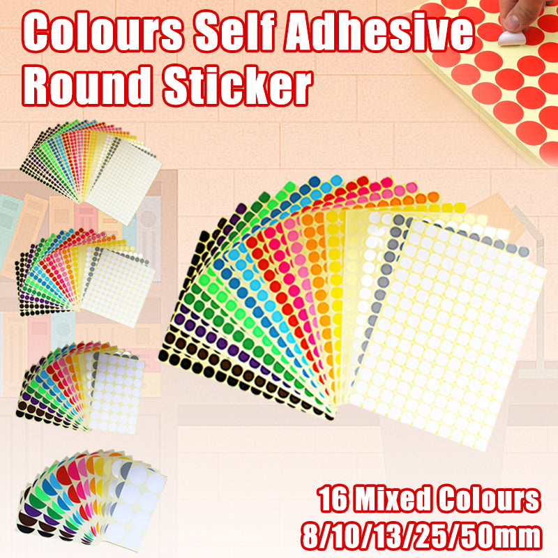 16 Sheets Round Dot Stickers Mixed Colours Self Adhesive