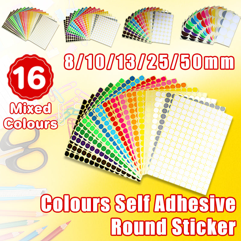 16 Sheets Round Dot Stickers Mixed Colours Self Adhesive